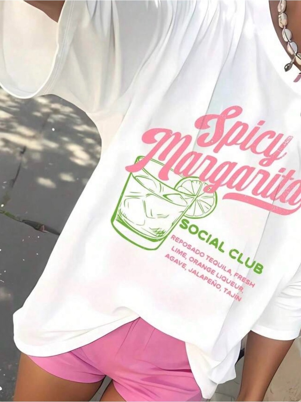 SHEIN White Tee with Pink 'Spicy Margarita' Script and Lime Graphic